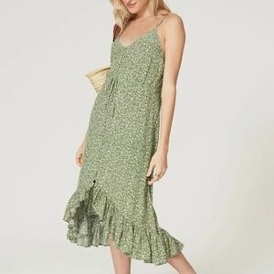 Rails Floral Print Cami Dress Button Front Ruffle Hem Green‎ Casual M